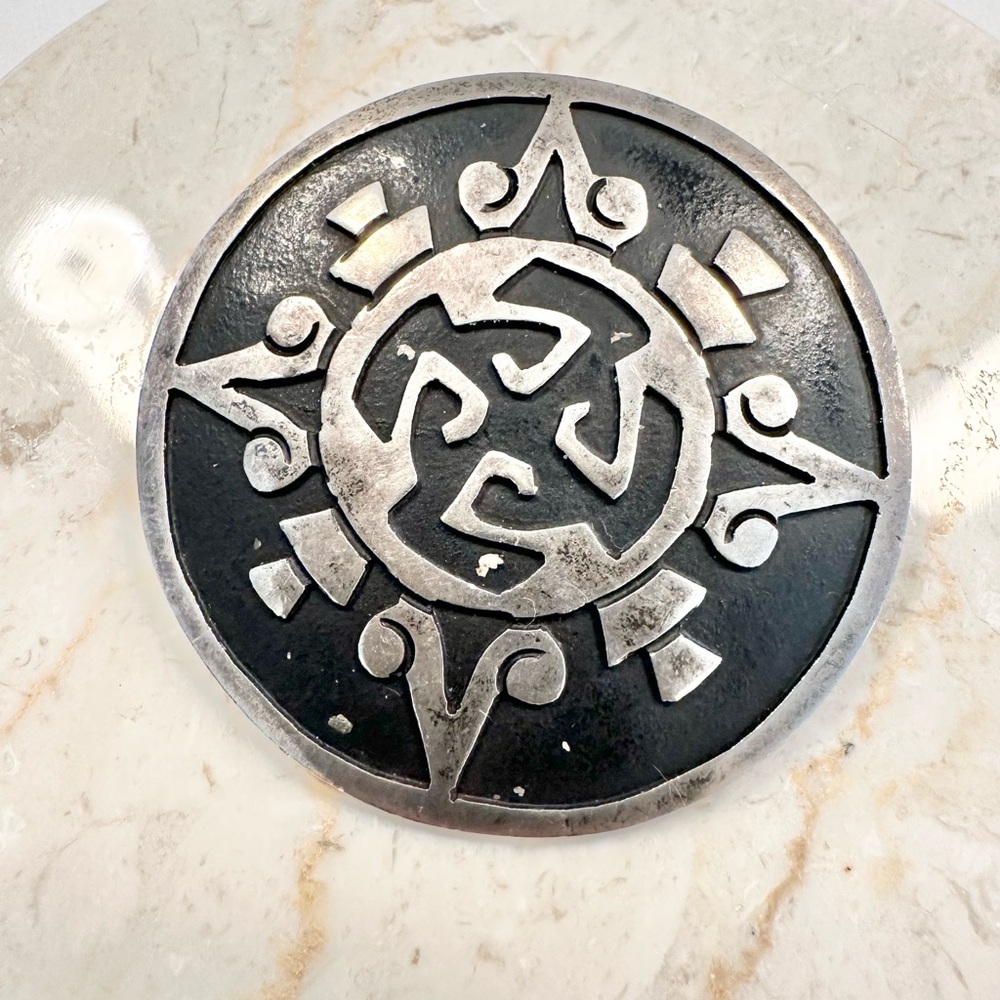 Vintage Taxco Mexico Sterling Round Aztec Mayan Motif Statement Pendant Brooch